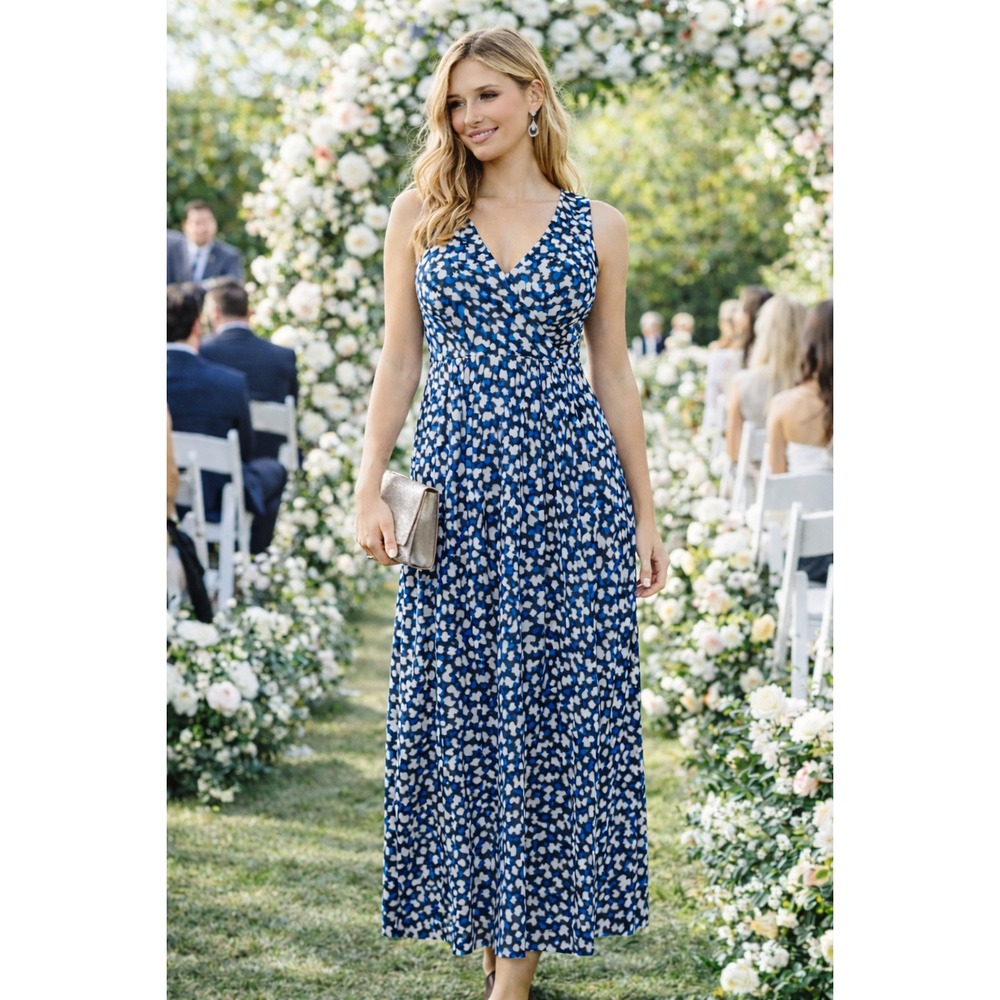 WB10 Susana Monaco Geometric Print V Neck Maxi Dress Blue White Black Sltrappy M